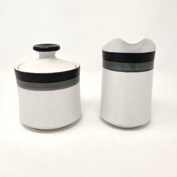 Arrow Stone Black Foot Sugar Bowl and Creamer MCM Stoneware Kasuga Japan 693 - Picture 11 of 16